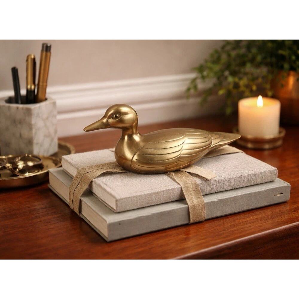 Vintage Brass Duck Figurine Mandarin Imports Taiwan Red Felt Base 9”